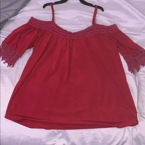 Red shirt off the shoulder